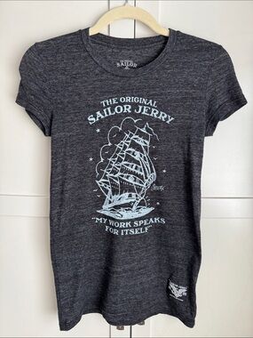 Sailor Jerry Dark Heather Gray Graphic Tee - Light Blue Ship Print size small